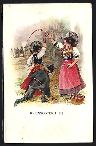 Künstler-AK Schweizer Soldat und Frauen in Tracht mit Ostereiern