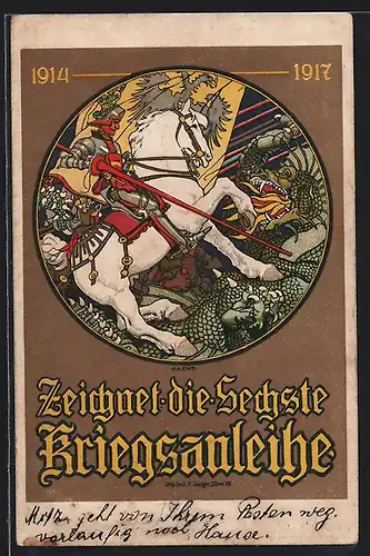 Künstler-AK sign. Berger: Ritter zu weissem Pferd, die sechste Kriegsanleihe 1914 bis 1917