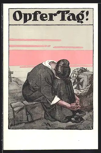 AK Frau sitzt weinend an einem Grab, Rotes Kreuz, Opfertag 1917