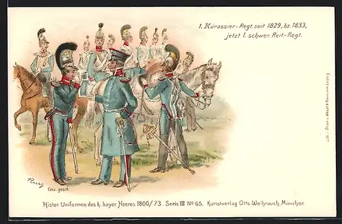 Lithographie Bayerisches Heer, 1. Kürassier-Regiment seit 1829, jetzt 1. schweres Reiter Regiment, Kavalleristen