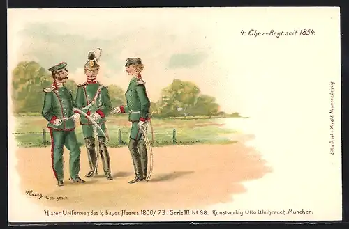 Lithographie Bayerisches Heer, Soldaten des 4. Chevauleger Regiment seit 1854