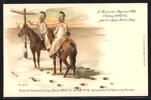 Lithographie Histor. Uniformen des k. bayer. Heeres 1800 /73, 2. schwer. Reiter-Regiment