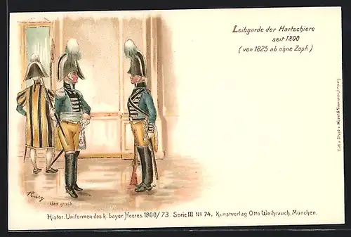 Lithographie Histor. Uniformen des k. bayer. Heeres 1800 /73, Leibgarde der Hartschiere seit 1800