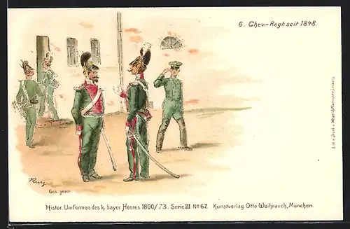Lithographie Histor. Uniformen des bayer. Heeres 1800 /73, 6. Chev.-Regt. seit 1848