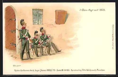 Lithographie Histor. Uniformen des k. bayer. Heeres 1800 /73, 1. Chev.-Regt. seit 1825
