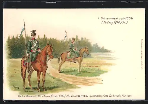 Lithographie Histor. Uniformen des k. bayer. Heeres 1800 /73, Reiter des 1. Ulanen-Regiment seit 1894 in Uniform