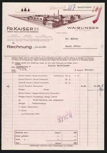 Rechnung Waiblingen 1938, Fr. Kaiser Fabrik Medic. Diätetischer Preparate, Werksansicht