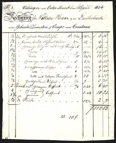 Rechnung Villingen 1834, Firma Gebrüder Zumstein & Comp., Rechnung an Wittwe Haas