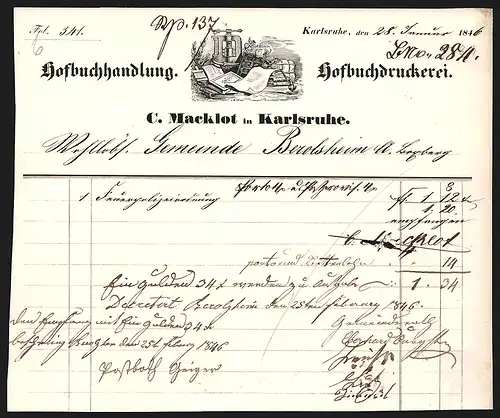 Rechnung Karlsruhe 1846, Hofbuchhandlung / Hofbuchdruckerei C. Macklot, Buchpresse und Bücher