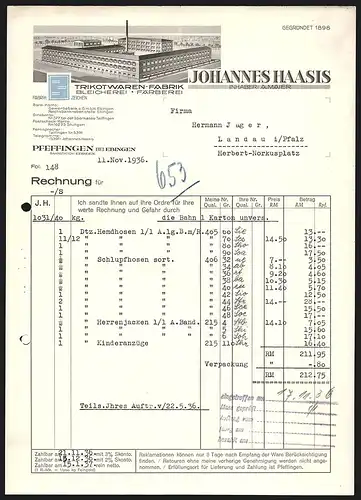 Rechnung Pfeffingen 1936, Trikotwaren Fabrik Johannes Haasis, Rg für Firma Hermann Jäger / Landau, Werksansicht
