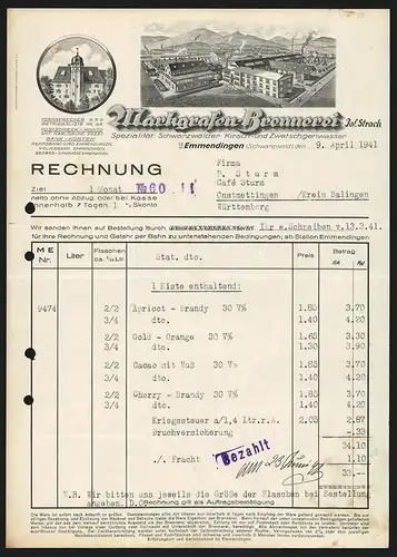 Rechnung Emmendingen 1941, Markgrafen Brennerei Jos. Strack, Rg. an Firma P. Sturm / Cafe Sturm, Blick auf das Werk