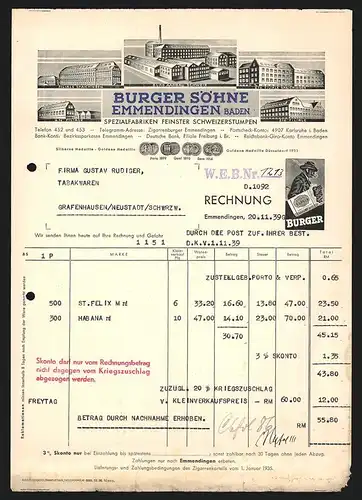 Rechnung Emmendingen 1939, Burger Söhne Spezialfabrin feinster Schweizerstumpen, Rg. an Gustav Rudiger, Werksansicht