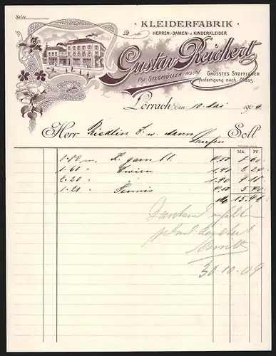 Rechnung Lörrach 1909, Kleiderfabrik Gustav Reichert, Blick auf das Fabrik und Verkaufsgebäude