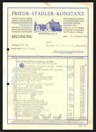 Rechnung Konstanz 1929, Papier-Waren-Fabrik Fried. Stadler, Werksgebäude, Rg. an Gustav Rudigier aus Grafenhausen