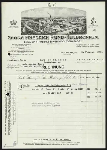 Rechnung Heilbronn 1938, Essigfabrik Georg Friedrich Rund, Werksansicht, Rg. an Firma Karl Schmezer