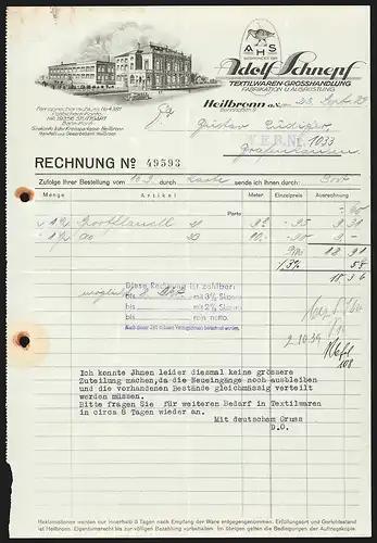 Rechnung Heilbronn 1939, Textilwaren-Grosshandlung Adolf Schnepf, Werksgebäude, Rg. an Firma Gustav Rudigier