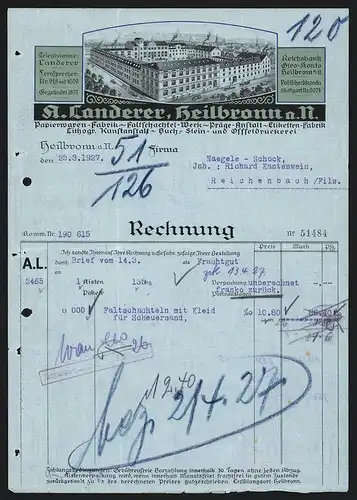 Rechnung Heilbronn 1927, Papierwaren-Fabrik A. Laderer, Blick auf das Werksgebäude, Rg. an Firma Naegele-Schock