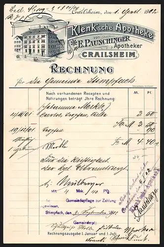 Rechnung Crailsheim 1902, Klenk`sche Apotheke E. Pauschinger, Apothekengebäude, Rg. an die Gemeinde Stimpfach