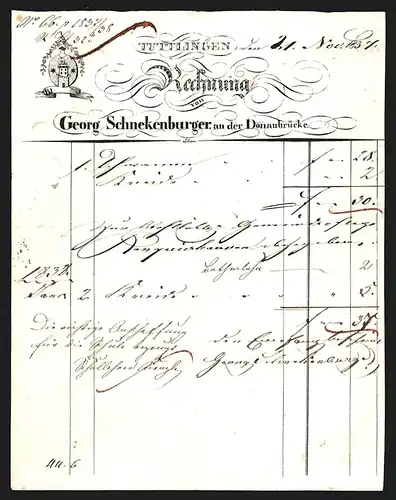 Rechnung Tuttlingen 1837, Schreiner Georg Schneckenburger, Wappen, altes Papier
