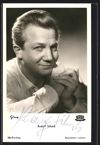 AK Opernsänger Rudolf Schock im gestreiften Hemd, mit original Autograph