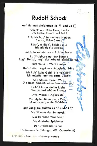 AK Opernsänger Rudolf Schock lächelnd, mit original Autograph