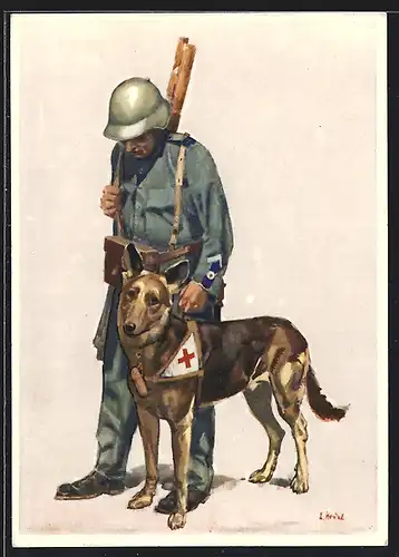 Künstler-AK Schweizer Bundesfeier 1937 für das Schweizerische Rote Kreuz, Sanitäter mit Sanitätshund