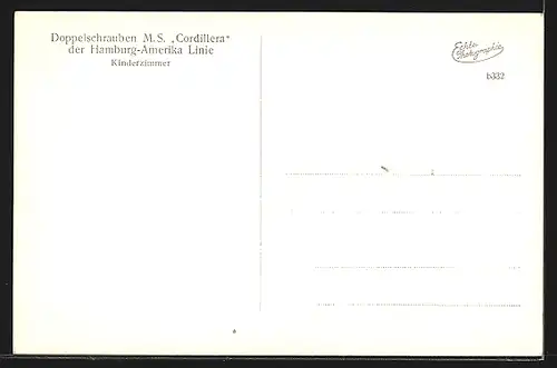 AK Doppelschrauben M. S. Cordillera der Hamburg-Amerika-Linie, Kinderzimmer