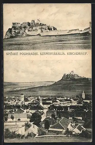 AK Kirchdrauf, Panorama mit Ort und Burg, Ansicht der Burgruine