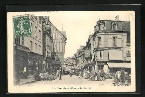 AK Louviers / Eure, Le Marché, Strassenpartie am Marktplatz