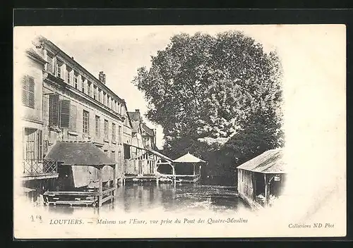 AK Louviers, Maison sur l'Eure, vue prise du Pont des Quatre Moulins