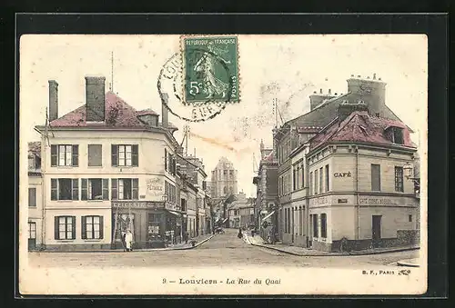 AK Louviers, La Rue du Quai, Blick in die Strasse