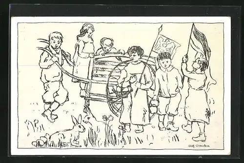 Künstler-AK Kinder mit Flaggen und Holzwagen beobachten zwei Hasen im Gras