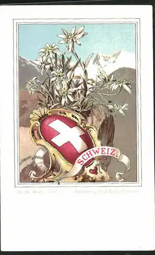 Lithographie Schweiz, Wappen und Edelweiss