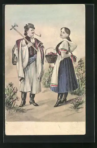AK Mann mit Axt und Frau mit Korb in ungarischer Tracht