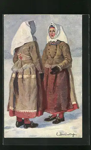 Künstler-AK 2 Frauen in schwedischer Tracht im Winter
