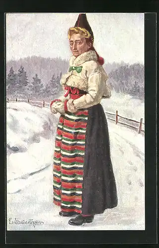 Künstler-AK Frau in schwedischer Tracht auf einem Feld im Winter