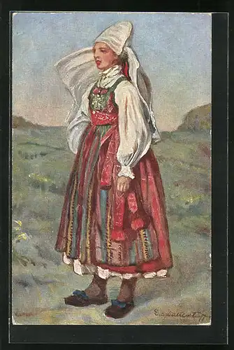 Künstler-AK Frau in schwedischer Tracht stehend auf einem Feld