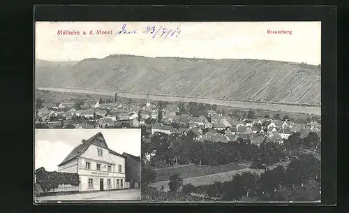 AK Mülheim a. d. Mosel, Gasthof Bottler und Panorama mit Brauneberg