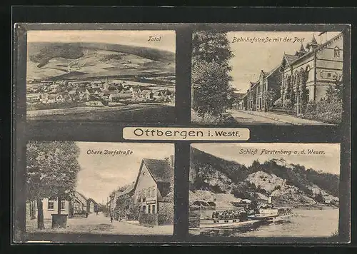 AK Ottbergen i. Westf., Schloss Fürstenberg a. d. Weser, Bahnhofstrasse mit der Post, Obere Dorfstrasse