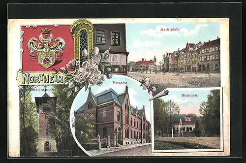 AK Northeim, Postamt, Marktplatz, Aussichtsturm, Wappen