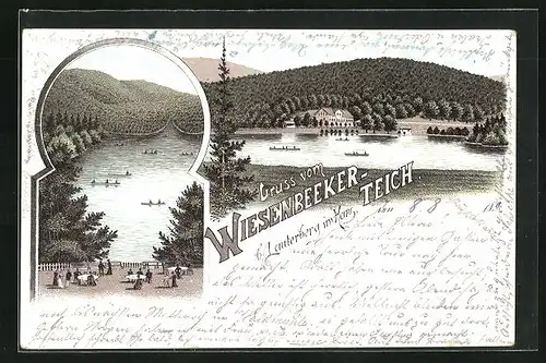 Vorläufer-Lithographie Lauterberg im Harz, Wiesenbeekerteich mit Hotel, 1894