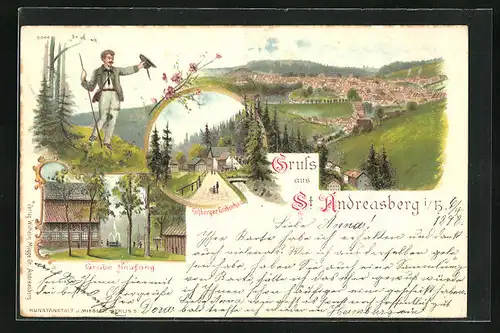 Lithographie St. Andreasberg im Harz, Ortsansicht Rehberger Grabenhaus, Grube Neufang
