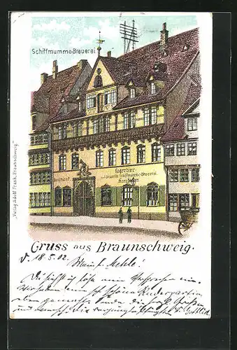 Lithographie Braunschweig, Ansicht der Schiffmumme-Brauerei