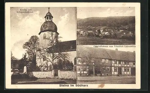 AK Steina im Südharz, Geschäftshaus von Friedrich Lauenstein, Kirche mit Kriegerdenkmal