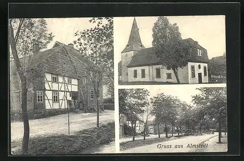 AK Almstedt, Kirche, Fachwerkhaus, Ortspartie