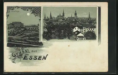 Mondschein-Lithographie Essen, Panorama & Villa Hügel