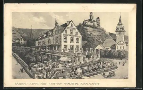AK Braubach a. Rhein, Hotel Kaiserhof, Marksburg und Barbarakirche