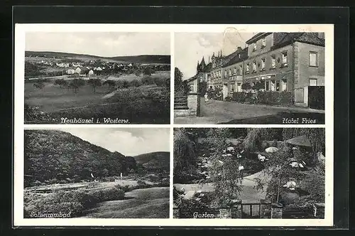 AK Neuhäusel i. Westerw., Schwimmbad, Hotel Fries, Gebäude- und Gartenansicht, Panorama