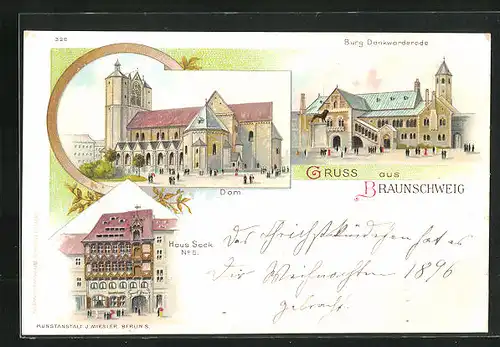 Lithographie Braunschweig, Burg Dankwarderode, Dom und Haus Sack No. 5