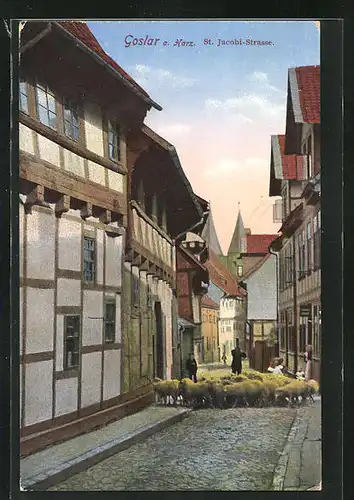AK Goslar / Harz, St. Jacobi-Strasse mit Schafsherde